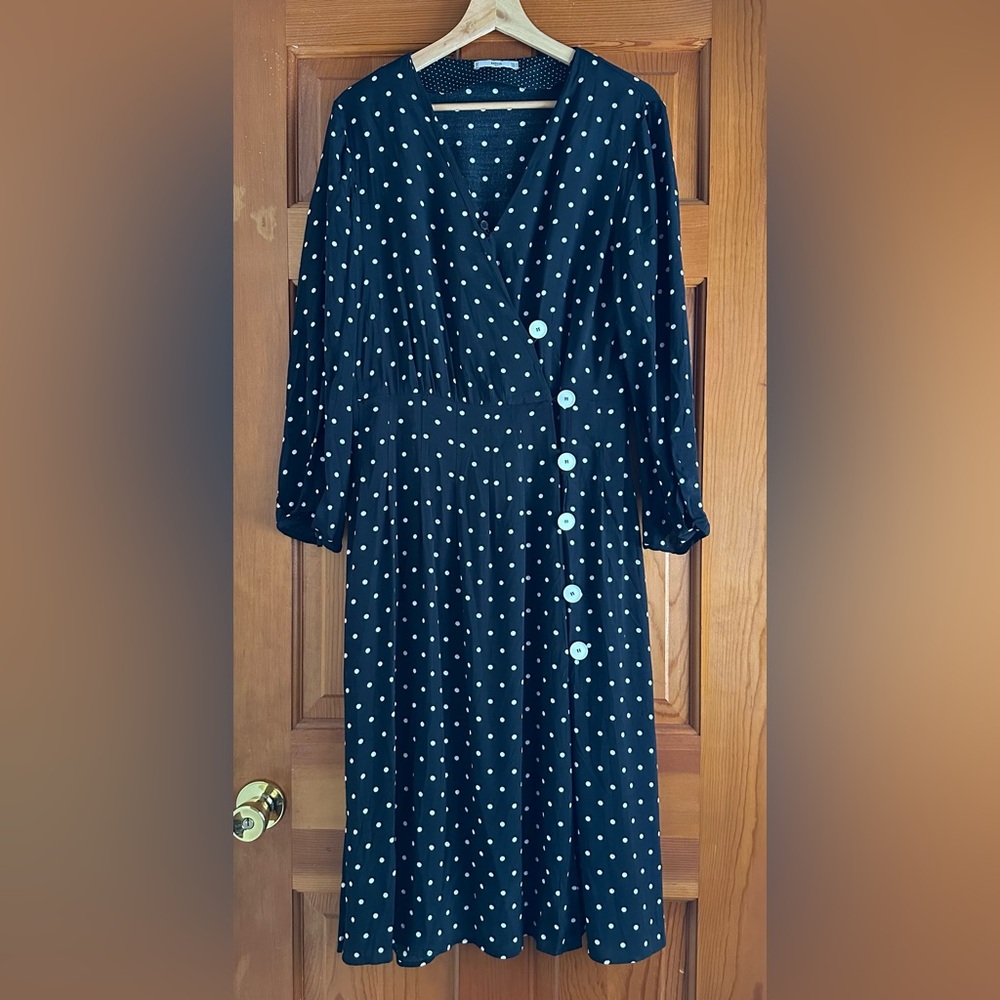Mango MNG Polka Dot Buttoned Midi Flare Dress Black & White - Picture 7 of 13